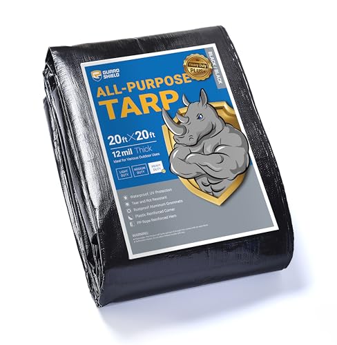 GUARD SHIELD Heavy Duty Tarp 20x20 Feet Black Tarp Large Outdoor Tarps Waterproof with Grommets Cover 12mil