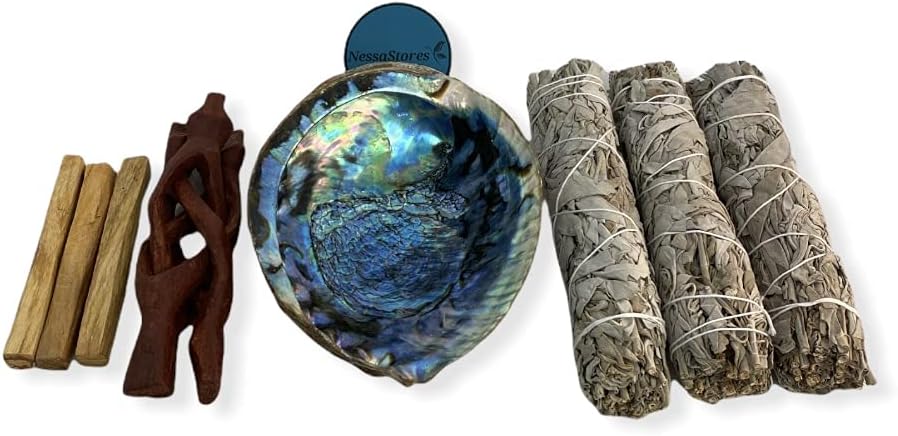 NessaStores 8 pc Sage Smudge Kit with White Sage 7", Abalone Shell 6"-7", Palo Santo 4" & Tripod Stand 6" | All Natural for Home Cleansing, Stress Relief, and Removing Negative Energy. JC-213