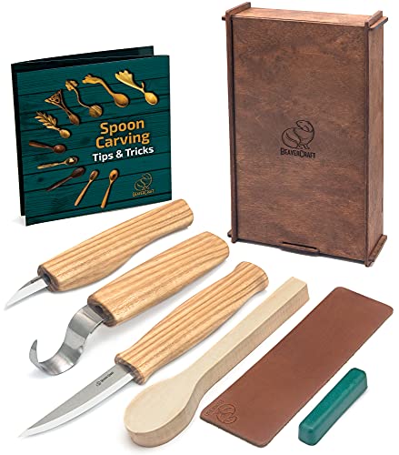 Wood Carving Kit BeaverCraft S13BOX Wood Carving Tools Set for Beginners Spoon Carving Tool Kit Hook Knife Whittling Knife Wood Carving Knife Woodworking Whittling Kit for Beginners (Dark Brown)