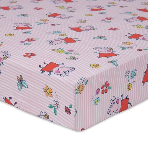 NoJo Peppa Pig 2 Piece Toddler Sheet Set Fitted Bottom Sheet and Reversible Pillowcase Pink and White