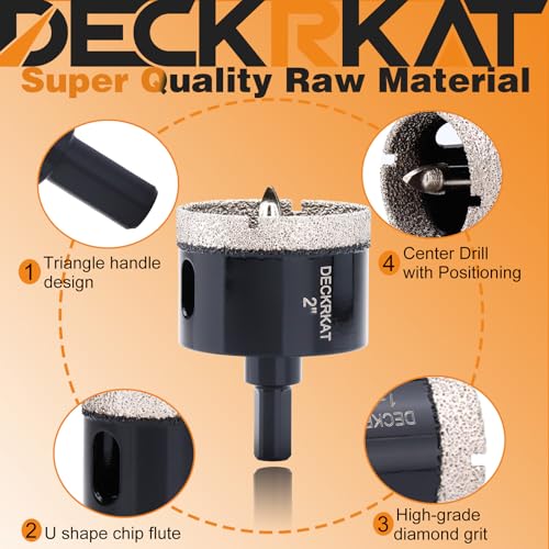 DECKRKAT 2\" Diamond Hole-Saw Bits with Pilot Drill Bit - 2\" Diamond Tipped Tile Hole Saws with Guiding Bit Accurate Drilling for Porcelain Tile Ceramic Pottery Granite Stone Glass Bottles 50mm