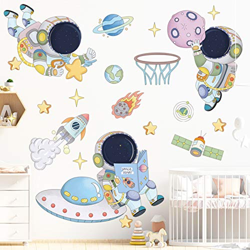 Dilibra Astronaut Wall Stickers Planet Space Walk Spaceship Diy Art Vinyl Removable Murals Wall Decals, Cute Cartoon Spaceman Cosmonaut Art Wallpaper For Kids Boys Bedroom Playing Room #TOP13