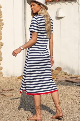 Image of Dokotoo Womens 2026 Short Sleeve Maxi Dress Striped Split T Shirt Dress | V Neck,Casual Trendy,Vacation Cruise Outfits,Resort Wear,Long Dresses,Summer Spring