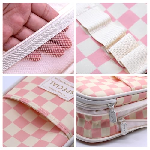 NVGFTG Trousse esthétique à carreaux - Trousse à crayons rétractable - 4 compartiments - Grande capacité - Pour adolescents, garçons et filles, Rose/blanc – vue 3