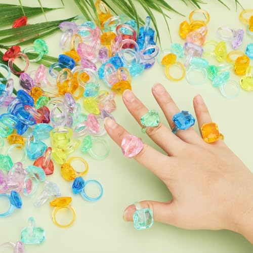Mikovivi 100 Stück Edelsteinringe, Zufällige Farbe Ringe Kinder Mädchen Prinzessinnenring Quadrat, Dreieck, Rechteck, Kreis, Herz, Oval Diamantring Taschenfüller Cosplay-Schmuckzubehör für Karneval