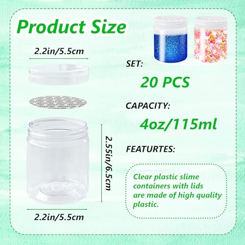 20Pack 4oz Clear Plastic Slime Containers with Lids,Round Refillable Travel Storage Sealed Jars Wide Mouth Container for Candy,Makeup,Cosmetics,Lotions,Eye Shadow,Cream,Butters2