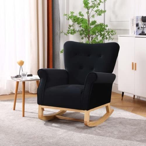 Mecedora tapizada, moderna mecedora de respaldo alto con asiento acolchado de tela y base de madera, sillón decorativo para guardería, sala de