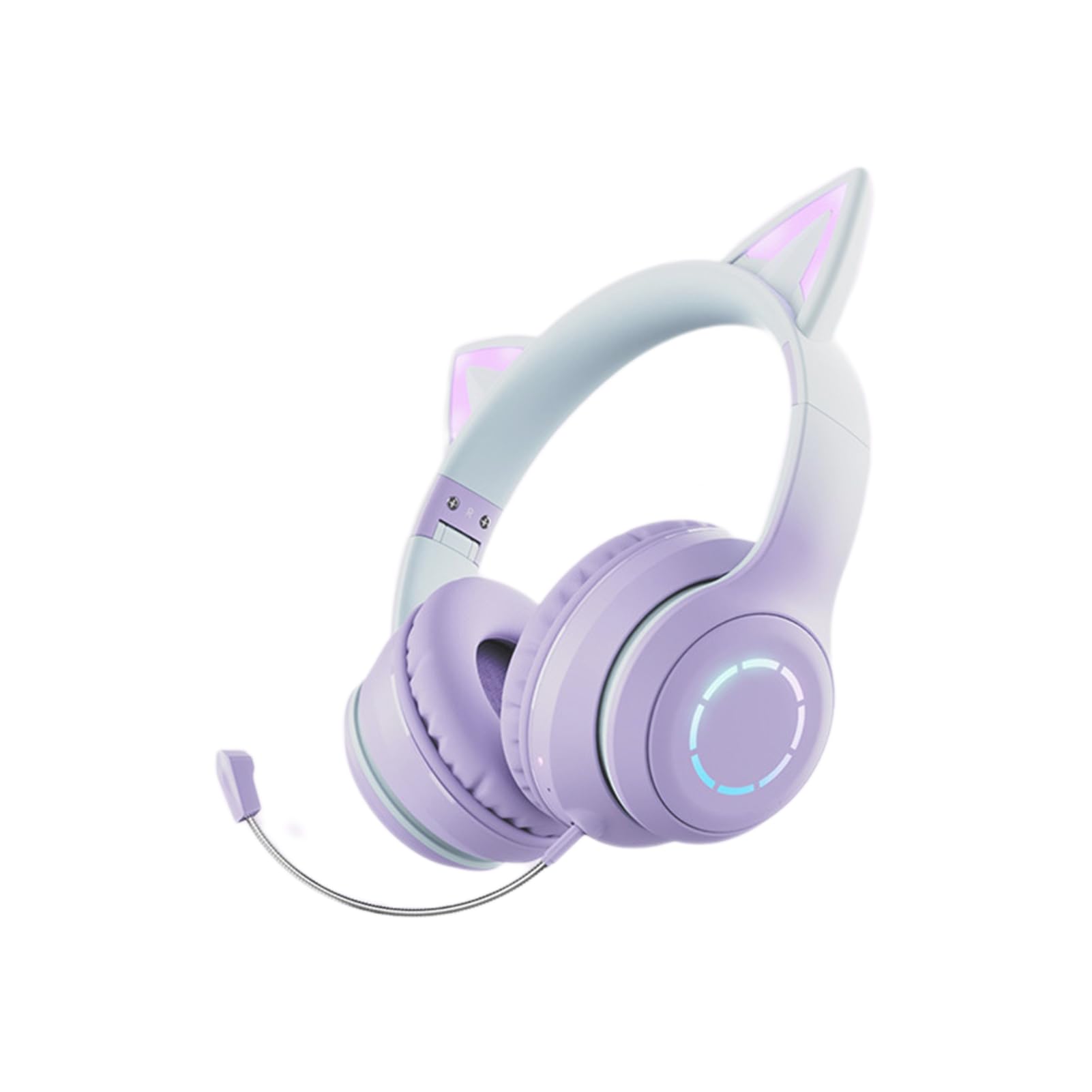 Casque Gaming sans Fil, Oreilles De Chat Mignonnes, Bluetooth 5.3, Éclairage LED, Microphone Amovible, Haut-Parleurs 40 Mm, Câble AUX 3,5 Mm, Pliable, Coussinets Confortables (Purple)