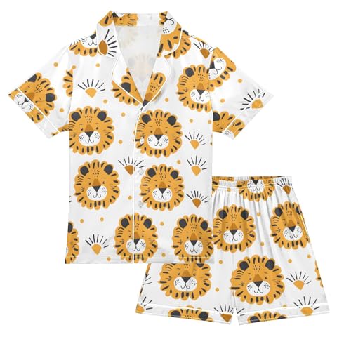 ALAZA Lion Polka Dot Satin Pajamas Set Short Sleeve Button Down Sleepwear Summer Pjs 2 Piece