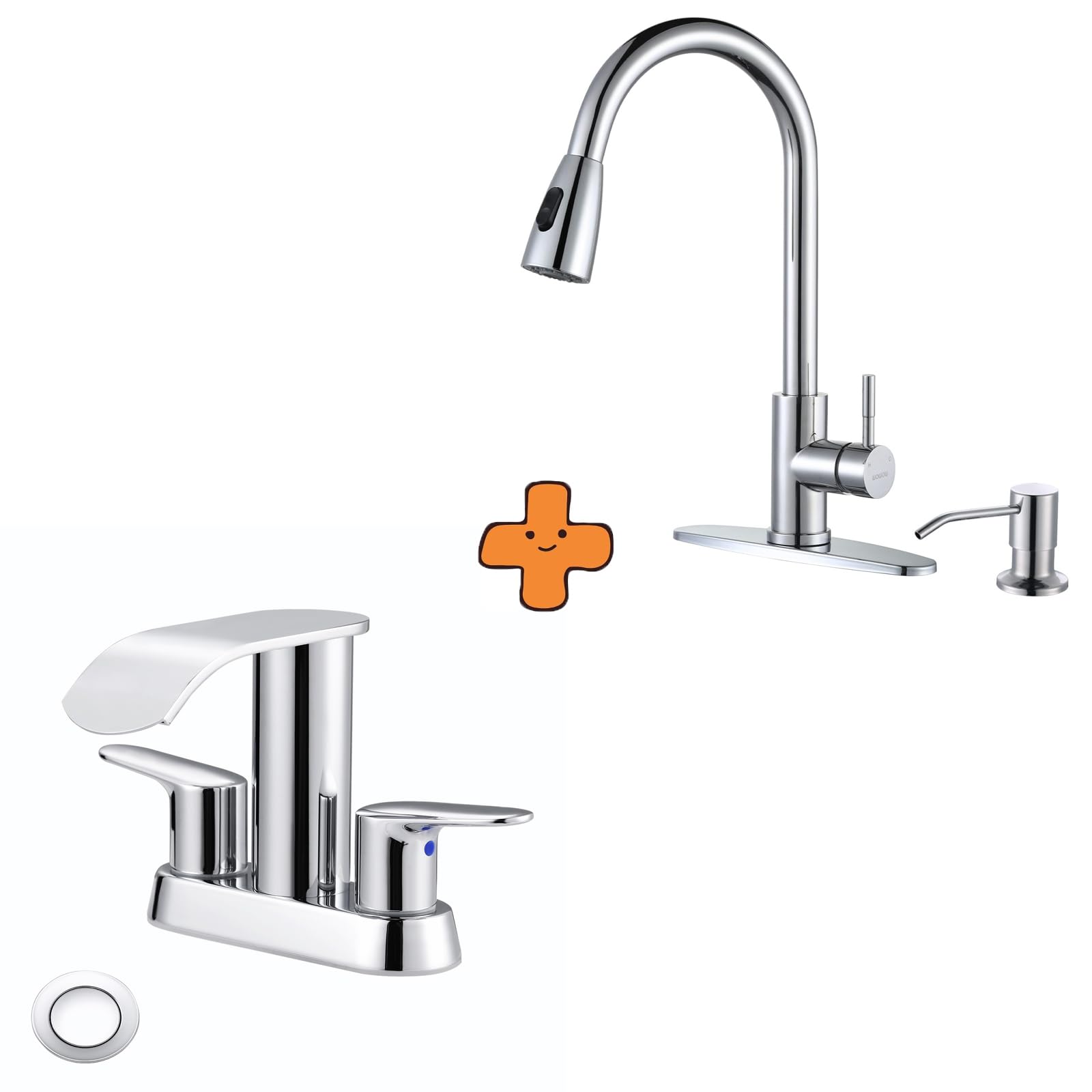 Jnfidosr Waterfall Bathroom Sink Faucet,Chrome Two Handles Bathroom Faucet And Kitchen Faucet With Soap Dispenser，Stainless Steel Faucet For Kitchen Sink 2 Or 4 Hole
