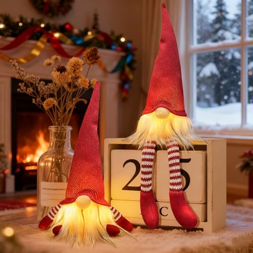 Bseical Gnomi Natalizi 2 Pezzi, Elfi Natale Gnomo Natalizio, Gnomi Natalizi Piccoli Luminoso, Decorazioni Natalizie per Interni Gnomi per Albero Natale Tavolo, Decorazione da Tavolo (Rosso)