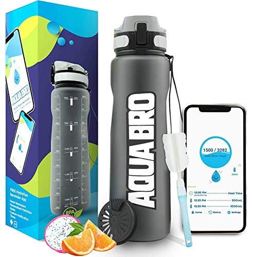 Aquabro Motivational Water Bottle 32 ounce | Drink Reminder APP | Time Marker 1 Liter Leakproof Fruit Infuser Non-Toxic for Sports
