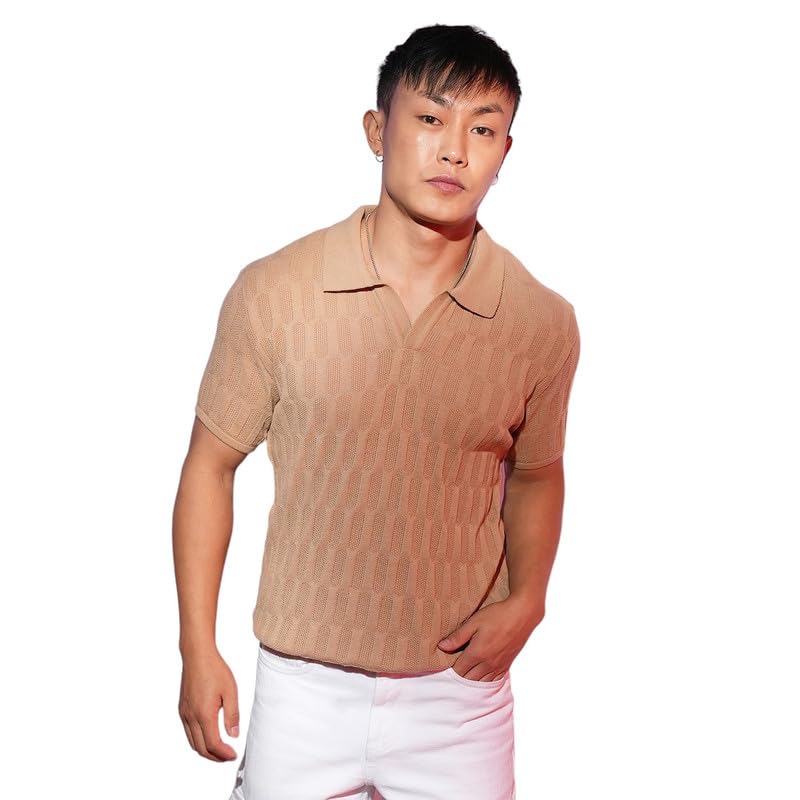 Campus Sutra Men’s Striped Polo Neck T-Shirt | Casual Wear | Short Sleeve | Half-Button Closure | Regular Fit | Comfortable Everyday Wear