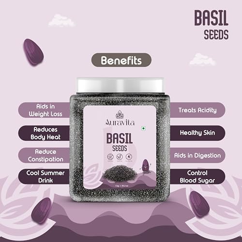 Image of Auravita Premium Raw Sabja Basil Seeds 1kg | Nutrient-Rich, Pure Basil Seeds For Healthy Drinks, Smoothies, And Recipes