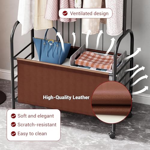 Image of Lukzer| MGR-009 | Black | Metal Clothes Rail Stand with 360 Rotating Wheels, 4 Side Hooks & Leather Storage Bin - Space-Saving Garment Organizer for Bedroom, Closet, Laundry & Dorm (171 x 75 x 35 cm)