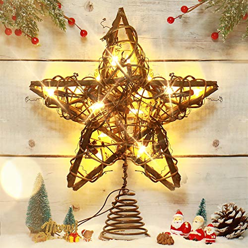 Rocinha Rustic Christmas Tree Topper Star With 15 Led Lights Vintage Rattan Christmas Toppers For Trees Christmas Star Tree Topper For Christmas Tree Decorations (Warm White Lights) #TOP4