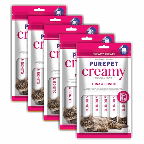 Purepet Creamy Lickable Cat Treats, Tuna & Bonito, Pack of 5 X 75 g, Total 375 g Pack