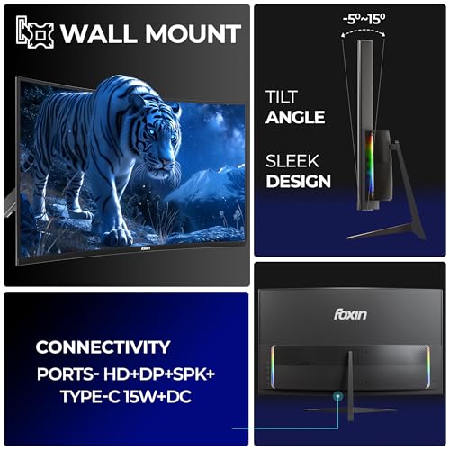 Image of Foxin Phantom 27 inch (68.58 cm) 1800R Curved Gaming Monitor, FHD 1920x1080p, 200Hz, 1ms, Adaptive Sync | HDMI, VGA & Type-C Ports | RGB Backlight, Built-in Speakers | Wall Mountable | Black