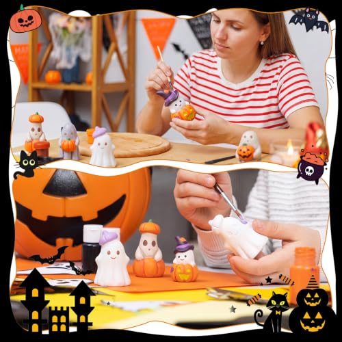 Bucherry 8 Pcs Halloween Plaster Ghost Pumpkin Figurines DIY Painting Kit, Color Your Own 3D Ghost Crafts with 12 Colors Paint and 2 Brushes for Halloween Craft Activity Table Centerpiece Home Decor - Image 5