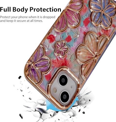Image of mobistyle Designed for iPhone 15 Cover| Electroplating Colourful Flower 3D TPU Camera Protection Back Cover Case for Women Girls (Flower Gold)