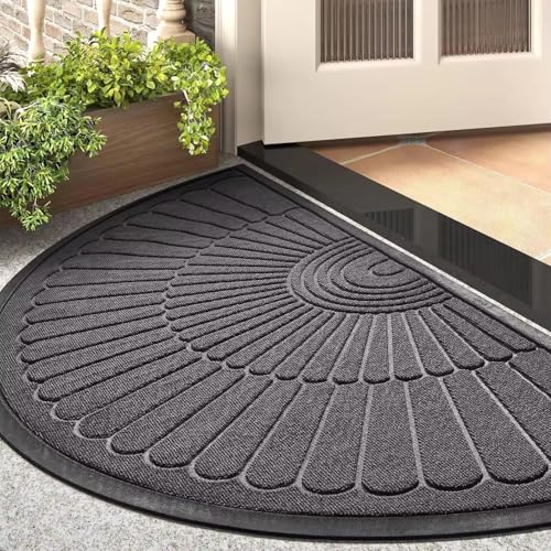 Image of Half Round Door Mat - Heavy Duty Welcome Mat for Front Door, Non-Slip Rubber Backing, Low Profile Indoor Outdoor Doormat, Semi-Circle Entry Rug for Porch, Garage, Patio, 45x75 cm