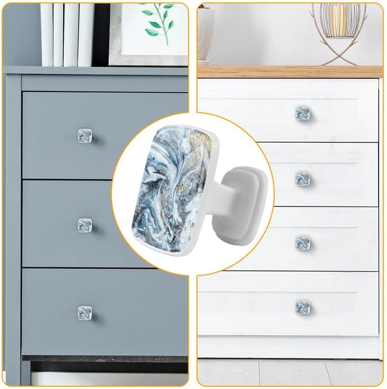 Miniatura 6 de LORVIES Paquete de 4 pomos decorativos de mármol de 1.2 pulgadas, cuadrados de vidrio ABS blanco cabujón, manijas de puerta para gabinete, aparador,