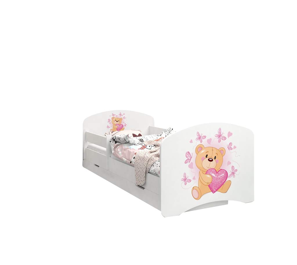 Happy Babies - Dwustronne łóżko dziecięce z szufladą Nowoczesne wzornictwo z bezpiecznymi krawędziami i zabezpieczeniem przed upadkiem materac piankowy 7 cm. (180x90, 07. Miś w miłości)