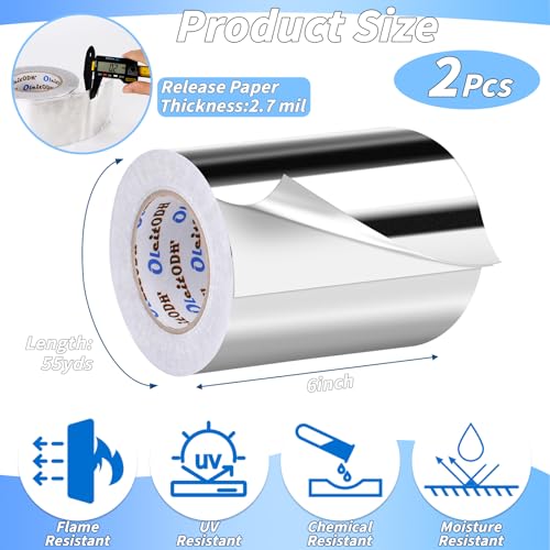 Image of Oleitodh 2 Pack Aluminum Foil Tape Bulk - 6 Inch x 55 Yards - 2.7mil Heavy Duty Metal Duct Tape, Aluminum HVAC Tape for Sealing & Patching, Air Ducts, Insulation Metal Repair, Professional Grade