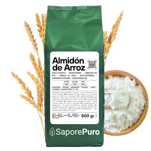 SaporePuro Almidón de Arroz Natural 500 g – 100% Italiano, Sin Gluten, Ideal para Cosmética Natural, Postres y Salsas