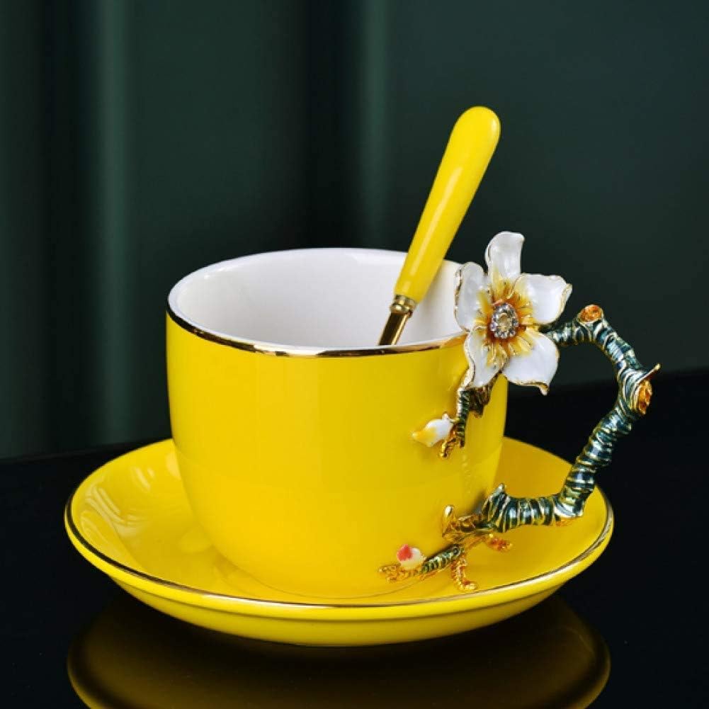 3D Colored Enamel Coffee Cup Set,Bone China Porcelain Apricot Blossom Tea Creative Drinkware,Black (Yellow)