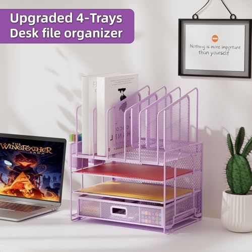 Image of Marbrasse Desk Organizers, 4-Tier Mesh Desk File Organizer with 5 Vertical File Holders and 2 Pen Holders, Multifunction Desktop Organizer,Desk Organizers and Accessories for Home Office (Purple)