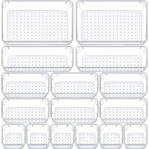 Aililong Organizer per cassetti, 16 pezzi, con 4 misure, in plastica trasparente, per trucco, bagno, scrivania, impilabile, cassetto per cucina e ufficio.