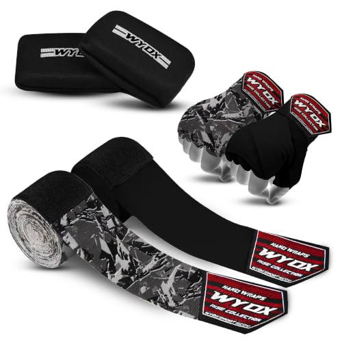 WYOX Gel Boxing Hand Wraps Pair of 2 | Inner Gloves for Men Women – Elasticated Padded Long Wrist Straps Muay Thai MMA, Kickboxing, BJJ Combat Sports Training (2, Grey/Black, 4.5 Meter)