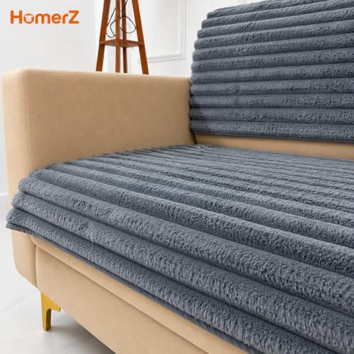 Image of Homerz Premium Rabbit Fur Sofa Cover with Anti-Skid Backing, Soft Plush Fabric Sofa Protector for Living Room Furniture (Grey, 5 (3+2) Seater, Seat Cover with Backrest)