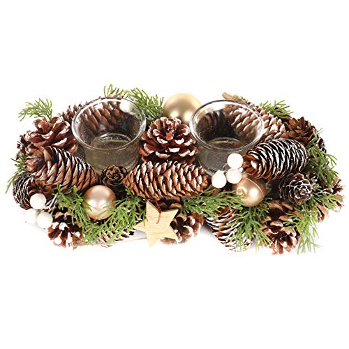 Image of Jingles Christmas Table Centrepiece Pine Cone Dressed 2 Glass Jar Candle Holder