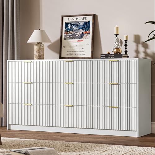 Image of MAISONARIA White 9 Drawer Dresser for Bedroom, 63 inch Wide Modern Fluted Dresser with Gold Metal Handles, Chest of Drawers for Bedroom, Living Room, Entryway, Hallway