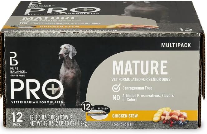 Pure Balance Pro+ Chicken Stew Wet Dog Food for Mature Pets, Grain Free, 3.5 oz Cups - High-Protein Formula, Real Chicken, Senior Dog Food, Supports Healthy Skin & Coat (12 Cups of 3.5 oz)