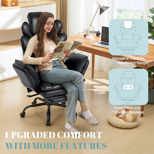 Image of Flip Armrests Criss Cross Office Chair, Reclining Office Chair with Foot Rest, Adjustable Headrest, Massage Waist Pillow, Cross Legged Big and Tall Desk Chair Wide Seat Vanity Chair, PU Leather Black