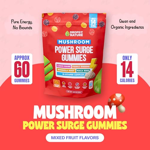 Mushroom Supplement Power Surge Gummies - Lions Mane, Maca Root, Panax Ginseng, Vitamin B12 & Rhodiola - Vegan, Vitamin B Complex - Mushroom Gummies for Energy and Wellness (Mixed Fruits, 60 Gummies) - Thumbnail 2