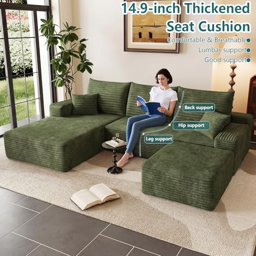 Image of 95 inch U-Shape Cloud Couch, Modern Modular Sectional L-Shape Sofa with Ottoman, Corduroy Upholstered Couches Deep Seat Sleeper Chaise Longue for Living Room, No Assembly Required(Green, Left Facing)