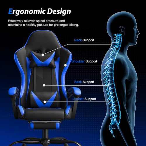 Image of Gaming Chair, Ergonomic Computer Chair with Footrest and Lumbar Support, Height Adjustable Video Game Chair with 360 Swivel Seat and Headrest for Office, Home, Streaming and Gaming (Blue)