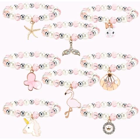 yumcute 8 Stück Mädchen Armbänder Kristall Charm Perlenarmband Seestern Muschel Tiere Einhorn Armband Freundschaftsarmband Kinder Mitgebsel Kindergeburtstag Mädchen Geschenke Cover