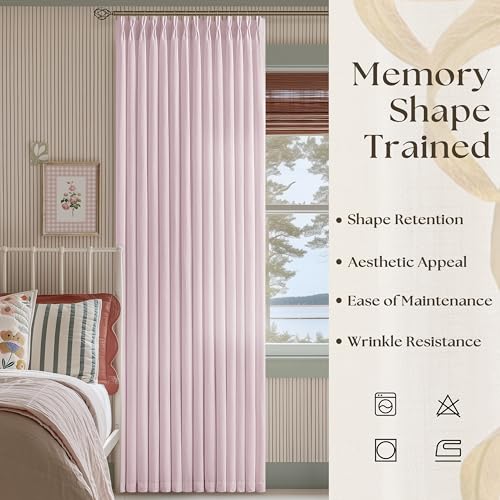 Image of Light Pink Pinch Pleated Semi Sheer Curtains 84 Inch Long for Girls Bedroom | Living Room Nursery, Soft Thick Flax Linen Textured, Boho, Hook Rings Memory Shape, Dusty Pink, Light Filtering Semi Sheer