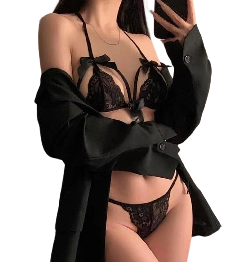 Satohom Femmes 2 pièces avec Soutien-Gorge et Culotte en Dentelle Ouverture Frontale Ajustable Bra et Culotte en Dentelle Ensemble de Lingerie
