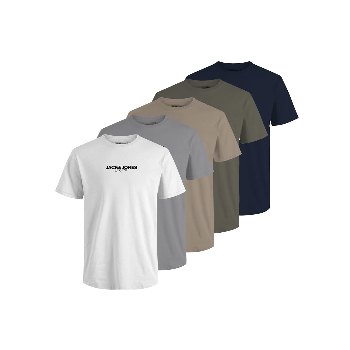 Jack & Jones Men's White/Grey/Navy/Olive/Beige 5 Pack Short Sleeve T-Shirt Cotton L