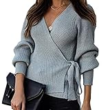 Design: damen strickpullover v-auschnitt sweatshirt langarmshirt patchwork pullover wickelpullover v-ausschnitt prinzessin ärmel strickjacke mit leine gürtel schleife