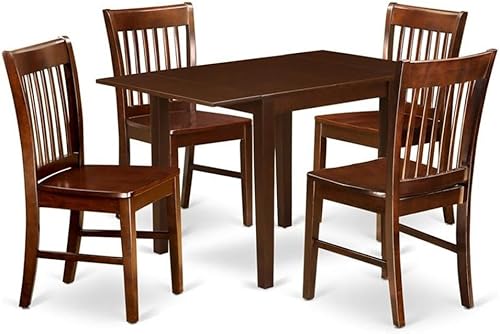 East West Furniture NDNO5-MAH-W - Juego de mesa de comedor de 5 piezas, incluye una mesa de comedor rectangular con gotas y 4 sillas de asiento de