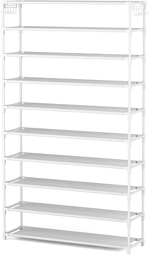 Miniatura 8 de Zapatero de 10 niveles, 50 pares, organizador de zapatos alto de gran capacidad, almacenamiento de zapatos resistente con dos ganchos, ahorra
