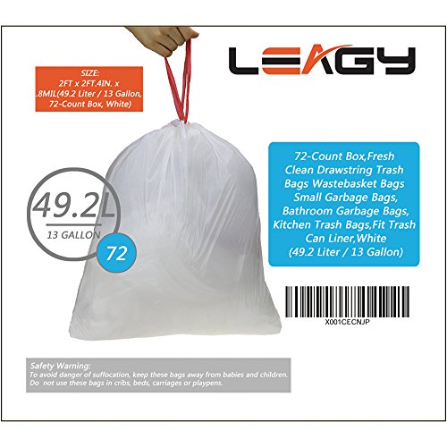 LEAGY Tall Kitchen & Office Drawstring Trash Bag Cleaning Supplies, Fresh Clean - 13 Gallon - 72 Count - 0.8MIL (49 Liter/13 Gallon)