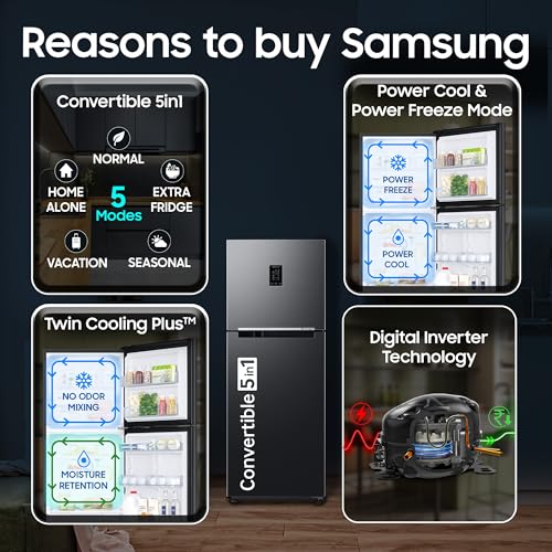 Image of Samsung 301 L, 2 Star, Convertible 5-in-1 Digital Inverter with Display Frost Free Double Door Refrigerator (RT31H4522B1 /HL, Black DOI, 2026 Model)